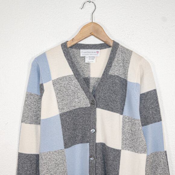 Clan Douglas 100% Cashmere Cardigan Sweater Grey Blue checker size Medium - Picture 6 of 9